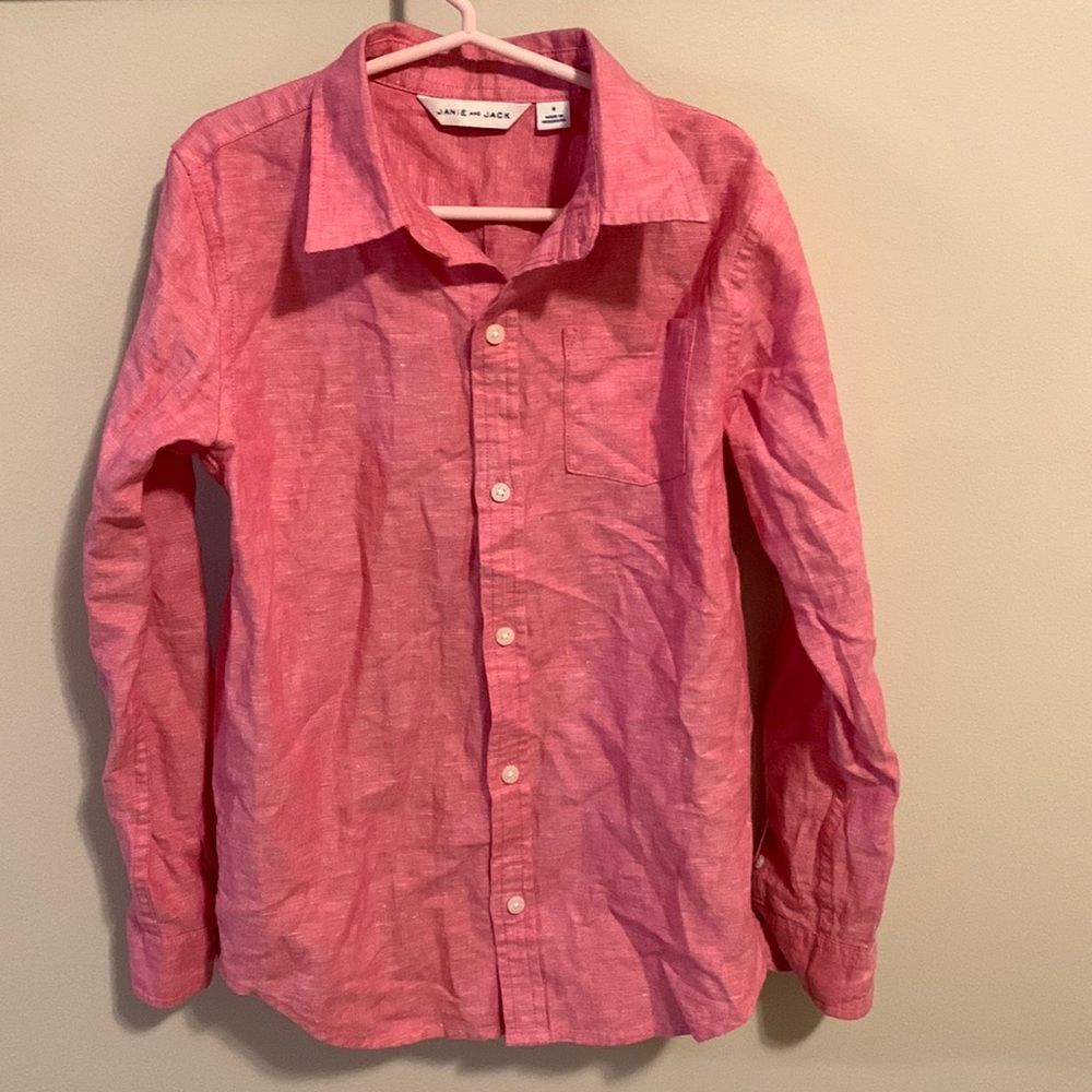 Janie and Jack Boys Pink Linen Cotton Long Sleeve Button Up Shirt Size 8